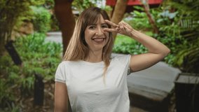 Woman smiling in forest wearing white t shirt and hoop earring, leaning on a park path in casual pose; contentment. - Powered by Shutterstock - Get 15% off with code: PIKWIZARD15