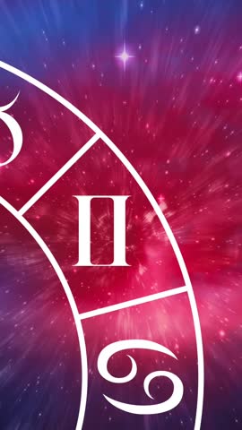 Composition of pisces star sign symbol in spinning zodiac wheel over glowing stars. horoscope and zodiac sign concept digitally generated video.