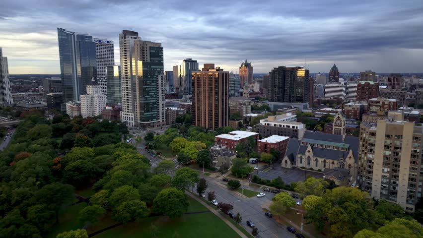 aerial pullout from milwaukee wisconsin skyline