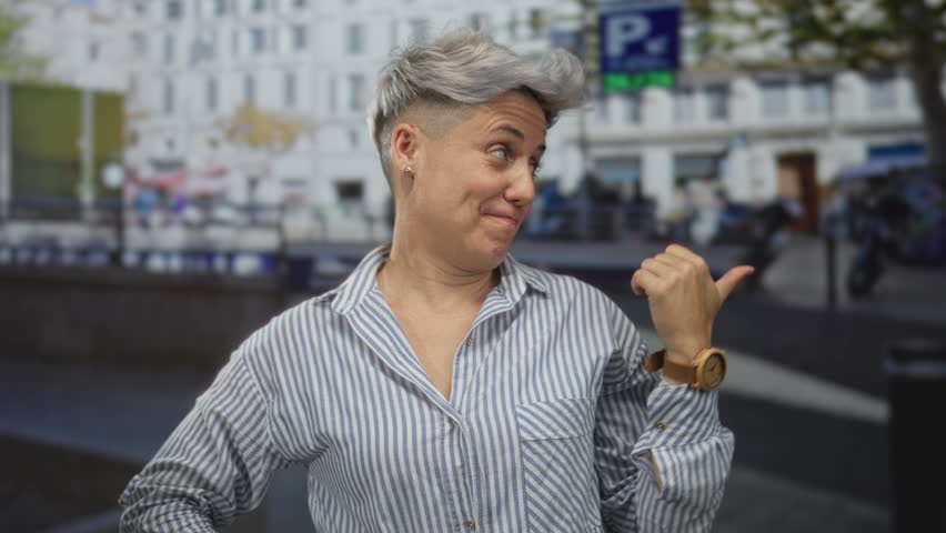 Woman pointing thumb on street in front of building with a parking sign and parked motorcycle; confidence.