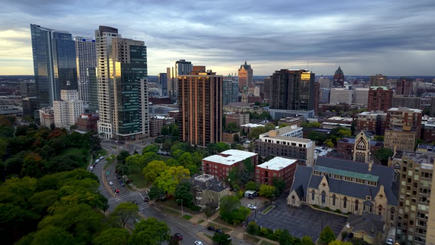 aerial over milwaukee wisconsin skyline