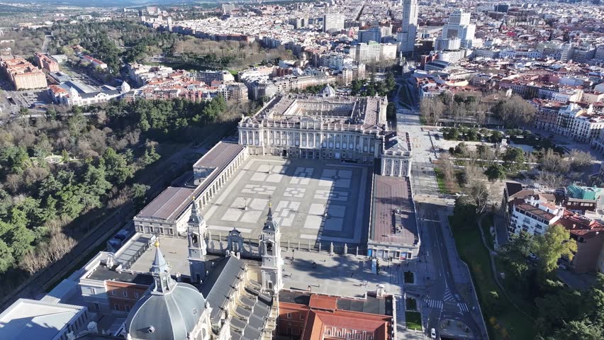 Royal Palace Of Madrid At Madrid In Community Of Madrid Spain. Medieval Buildings Landscape. Downtown District. Capital City Scenery. Royal Palace Of Madrid In Spain. Beautiful Cityscape.