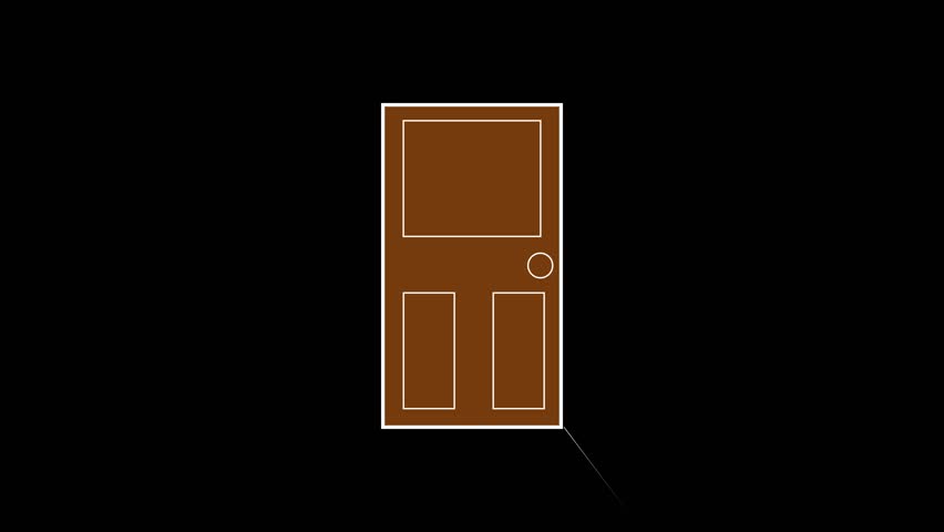 Animated open door transition bright light mystery reveal suspense thriller cinematic doorway. Animated door opens to bright light mystery transition suspense thriller cinematic graphic design.
