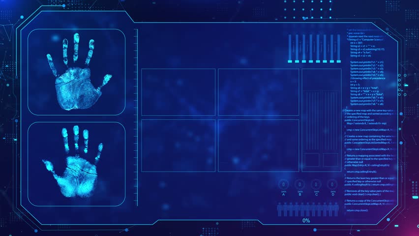 Digital Biometric Analysis Interface Visualization Charts High-tech interface biometric handprint data displays visual analytics, advanced systems security information processing futuristic setting 3D - Powered by Shutterstock - Get 15% off with code: PIKWIZARD15