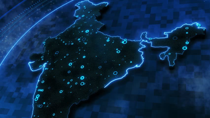 Futuristic technology digital HUD security system India map for slideshows, presentation, trailers, sci-fi openers. India Map on technology abstract map numbers wireframe mesh High-tech technology
