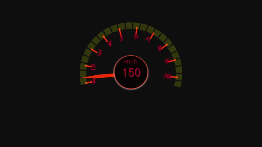 Animated speedometer 180 kmh needle gauge dial red yellow black dashboard hud interface loop. High speedometer animation 180 kmh red yellow black background motion graphics fast dashboard.