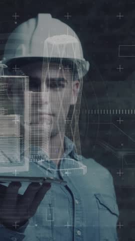 Scope scanning and data processing against 3d hologram over male architect holding digital tablet. architecture and engineering technology concept