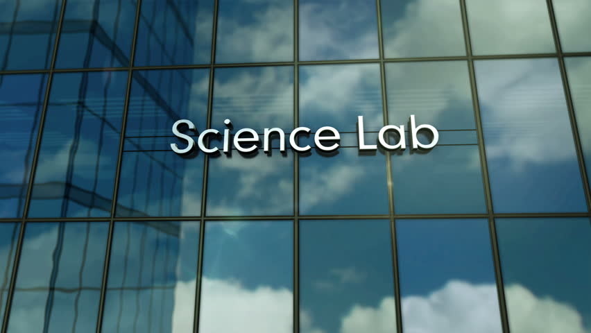 Science lab glass building concept. Research laboratory symbol on front facade 3d.