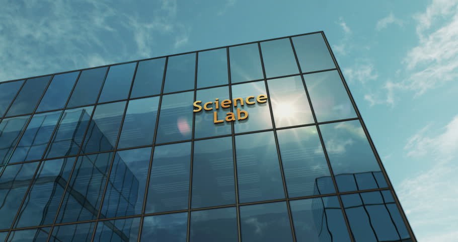 Science lab glass building concept. Research laboratory symbol on front facade 3d.