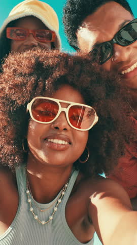 Woman, friends and selfie with sunglasses, face or excited in low angle, vacation and summer. People, group and smile with POV photography, memory or profile picture for social media post on holiday