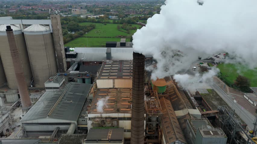 Aerial view of industrial buildings shows a complex of structures, with smoke plumes rising, contrasting sharply against the surrounding landscape, Newark, England, United Kingdom.