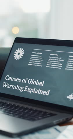 Laptop screen, global warming and research in office for project with environmental law report. Technology, information and slideshow for presentation on legal case for climate change in workplace.