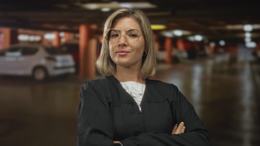 Blonde woman judge stands with arms crossed beside a white car in an indoor parking building; confidence.