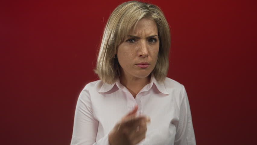 Woman with raised palms gesture and questioning expression in red studio wearing white shirt and subtle hoop earrings; confusion.