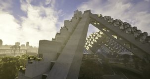 Modern building features unique geometric shapes and textured surfaces, set against a city skyline at sunrise, showcasing a blend of nature and urban life. - Powered by Shutterstock - Get 15% off with code: PIKWIZARD15