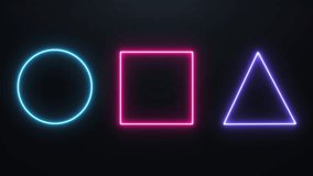 Neon glowing geometric shapes—circle, square, and triangle—on a dark background. Futuristic abstract design with blue, pink, and purple light. Modern minimal style for tech, UI, and digital graphics. - Powered by Shutterstock - Get 15% off with code: PIKWIZARD15