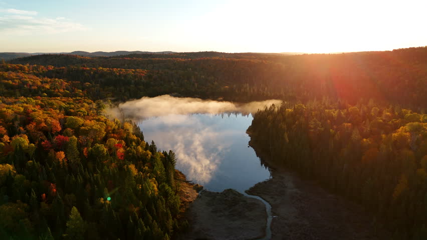 Aerial view of a vibrant autumn forest with lake, river, and mountains at sunrise in Mauricie, Quebec, Canada. Warm light highlights the colorful fall landscape.