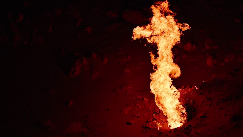 Closeup of flames in the Darvaza Gas Crater in Turkmenistan