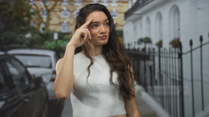 Hispanic woman salutes with two fingers at temple on street beside wrought iron fence and parked car; friendly greeting.