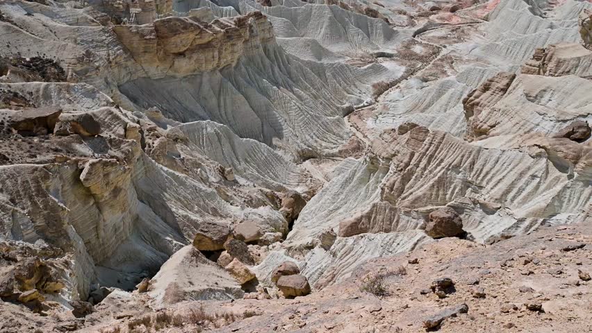 Camera panning up with a stunning view of Yangysuw Canyon in Turkmenistan
