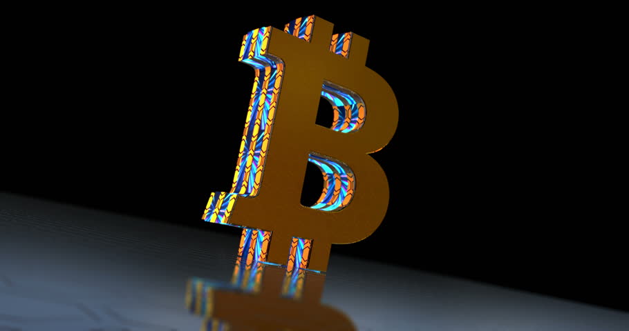 Bitcoin BTC blockchain cryptocurrency 3d symbol spectacular. Abstract glowing golden metal icon animation.