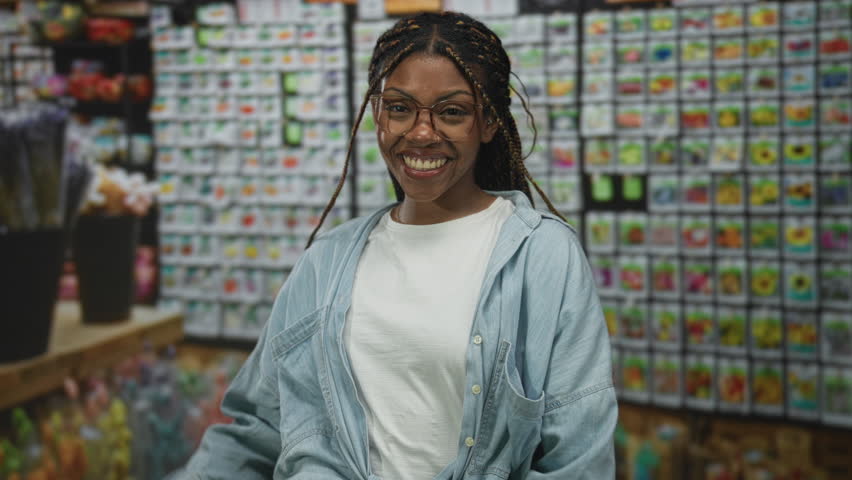 African american woman smiling and gesturing with open hand in a flower shop wearing glasses and denim shirt braided hair visible; joy.
