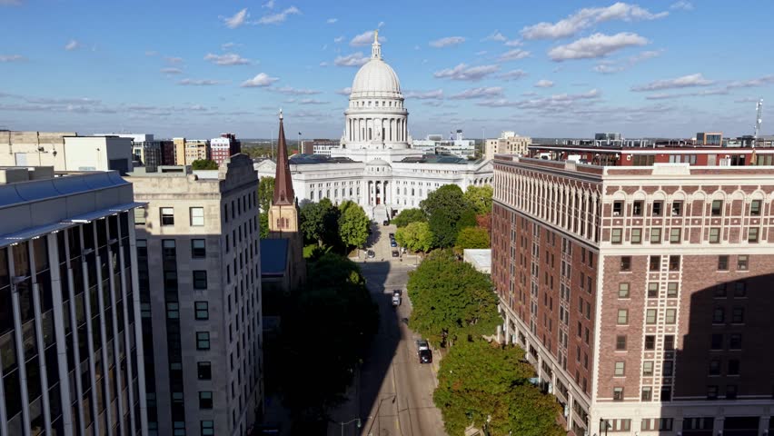 aerial push in to the state capital in madison wisconsin