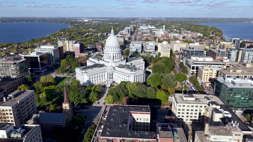 aerial high push over state capital in madison wisconsin