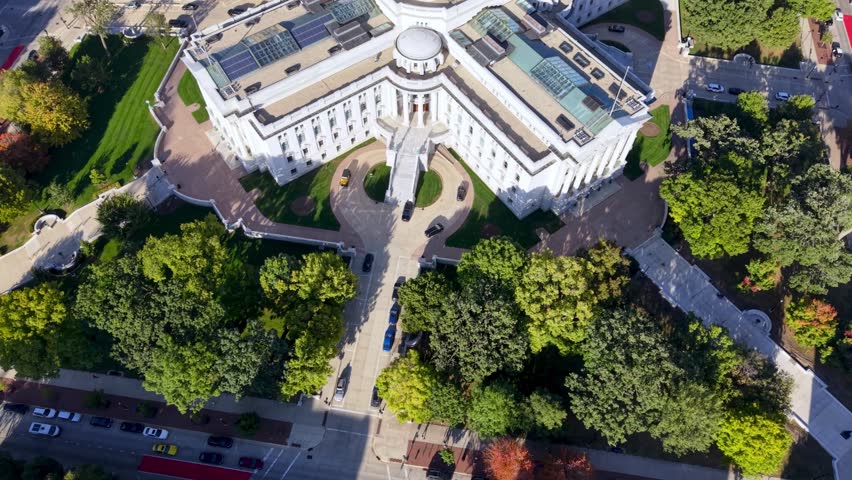 aerial fly over state capital in madison wisconsin
