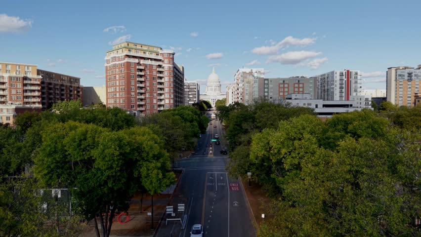 aerial approach to the state capital building in madison wisconsin