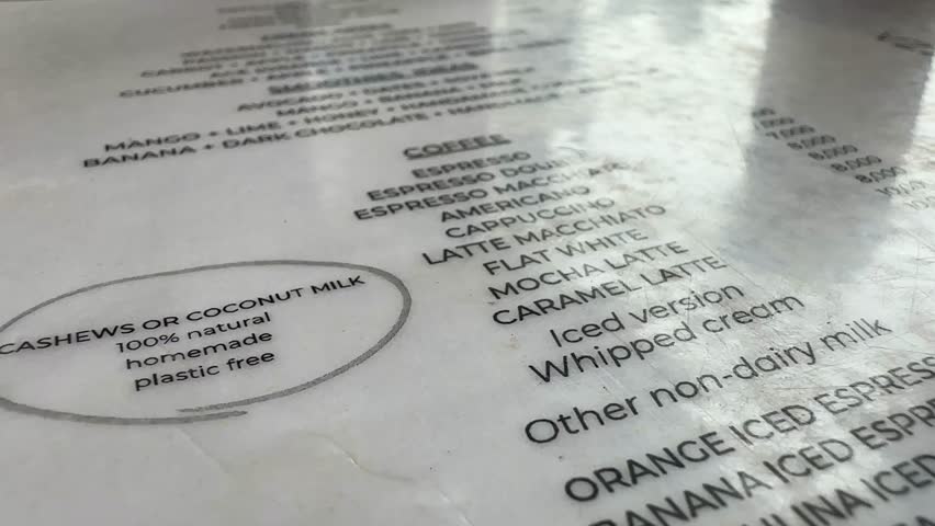 Close up food and drink menu vegan cafe restaurant