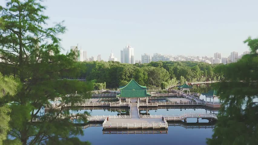 Serene lake view with traditional chinese architecture and city skyline backdrop