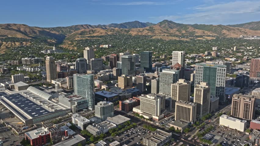 Aerial high angle shot from Salt Lake City downtown Buildings and main streets