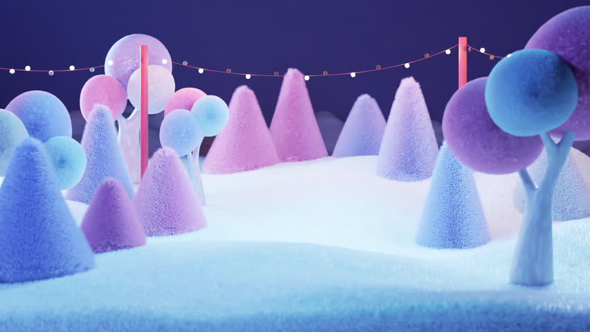 3d animation of winter night scene with fluffy furry textures, falling snow, and glowing lights. Cozy magical atmosphere, Christmas and New Year celebration. Cartoon style motion design