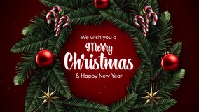 Elegant Merry Christmas and Happy New Year greeting with festive ornaments and evergreen boughs, perfect for seasonal promotions and heartfelt wishes - Powered by Shutterstock - Get 15% off with code: PIKWIZARD15