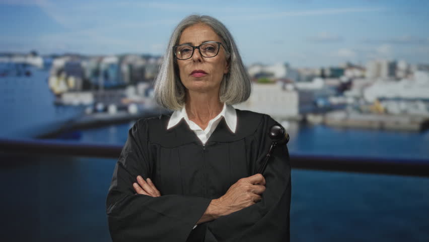 Woman judge in black robe arms crossed holding gavel on seaside building overlooking harbor; justice authority resolve.