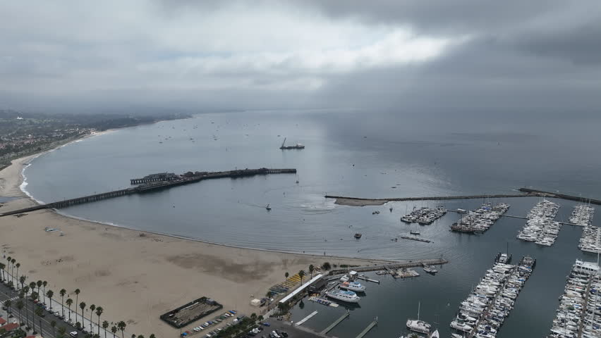 Santa Barbara California, drone flight over harbor.