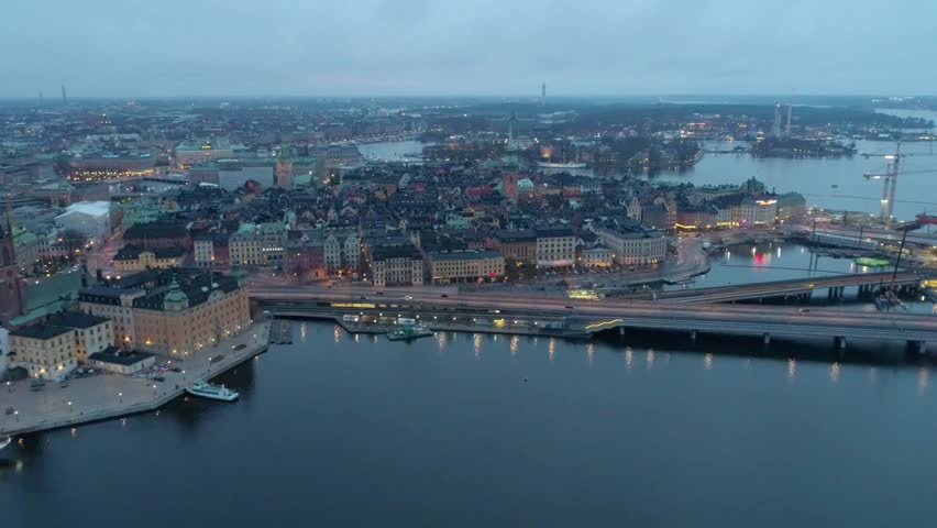 Aerial view of Stockholm Sweden at dusk showing Gamla Stan and bridges over water