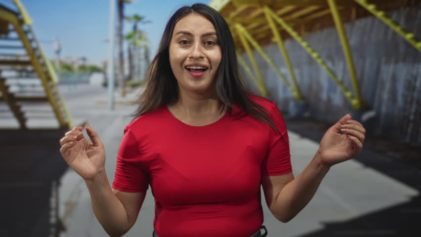 Young hispanic woman in red shirt with hands raised and open palms smiling on a sunny street by yellow metal beams; carefree joy.