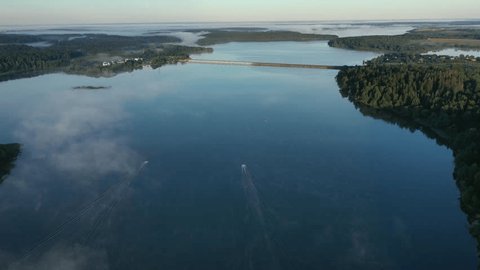 Aerial View of River Bridge in Foggy Summer Morning