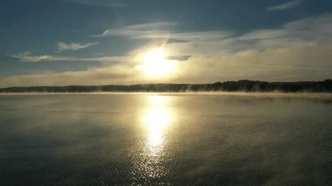Drone Panning above River Forest Sunrise