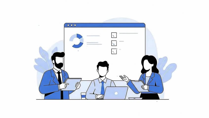 Seamless 2D animation loop in explainer video style. A diverse business team collaborates, analyzing data charts, graphs, and a checklist presented on a large screen, using laptops and tablets. - Powered by Shutterstock - Get 15% off with code: PIKWIZARD15