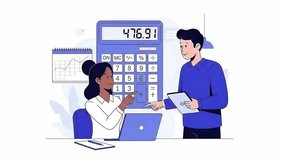 Seamless 2D animation loop showing diverse colleagues collaborating on financial analysis. They use a laptop and tablet while pointing at a large calculator graphic with changing numbers in the backgr - Powered by Shutterstock - Get 15% off with code: PIKWIZARD15