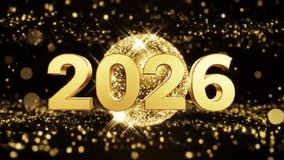 A luxurious animation featuring bold, 3D golden Happy New Year 2026 numbers floating, with a magnificent rotating golden glitter disco ball and drifting particles - Powered by Shutterstock - Get 15% off with code: PIKWIZARD15