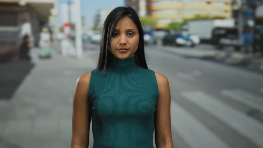 Young woman standing on a vibrant city street, displaying a surprised expression, capturing the essence of urban life and genuine emotions in an outdoor setting.