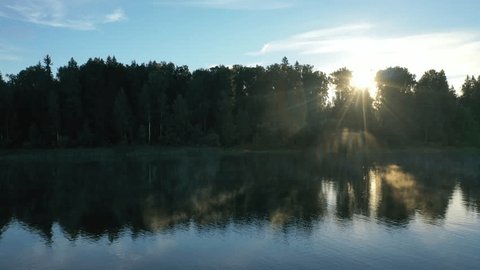 Drone Moving Sideway above Calm River Surface