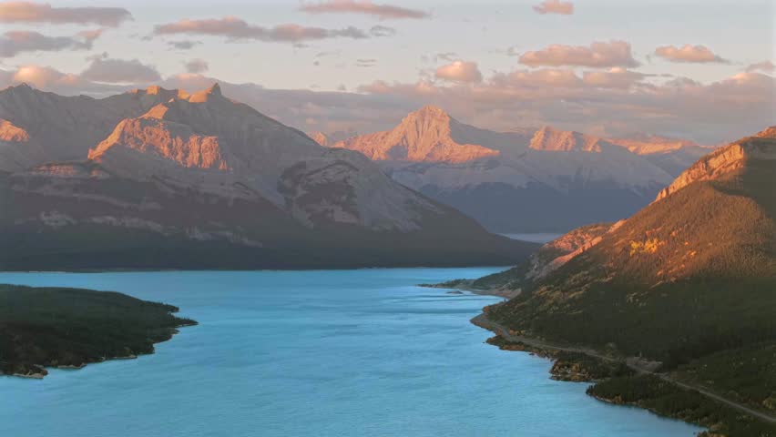 Slow panning aerial video of Abraham Lake and Icefields Parkway, Alberta