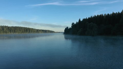 Drone Flying above River Forest Reflections