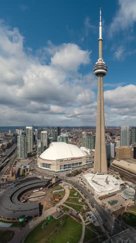 Timelapse view of Downtown Toronto during daytime, Ontario, Canada, zooming out. 