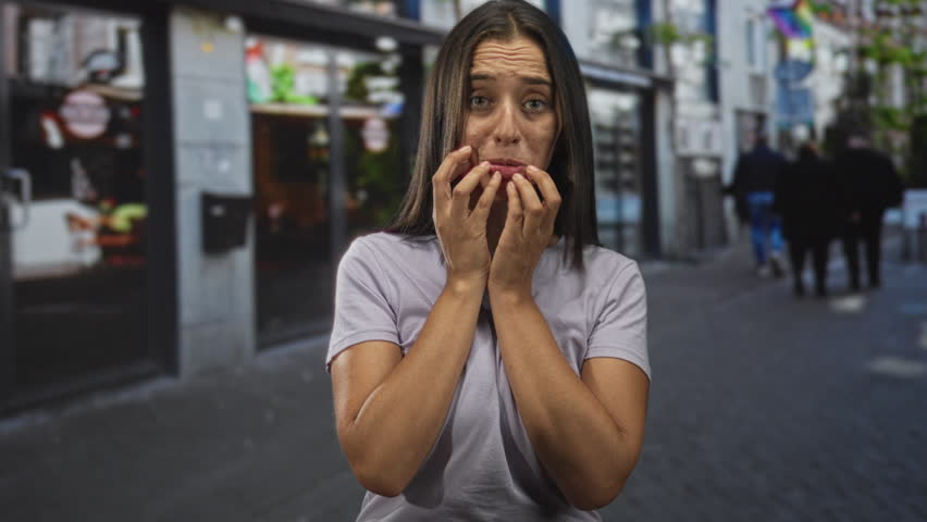 Woman biting nails with fingers at mouth on city street, hands tense and forward; anxiety uncertainty.